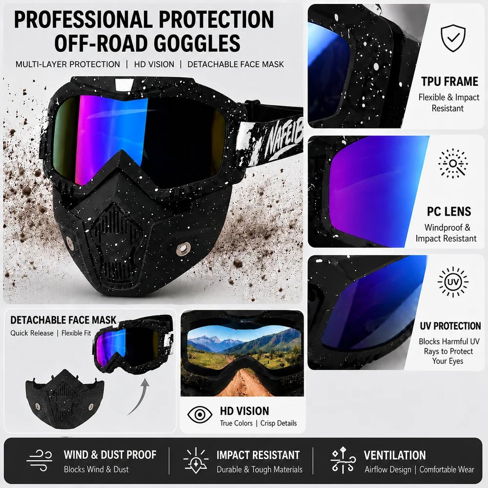 Full-Face Motorcycle Protective Mask with UV Protection Off-Road Goggles for Outdoor Sports And Tactical Gear