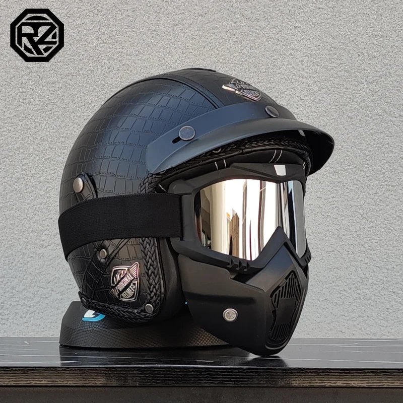 ORZ New PU Leather 3/4 Retro Cruising Motorcycle Helmet Summer Scooter Half Helmet with Mask Windshield DOT Approval