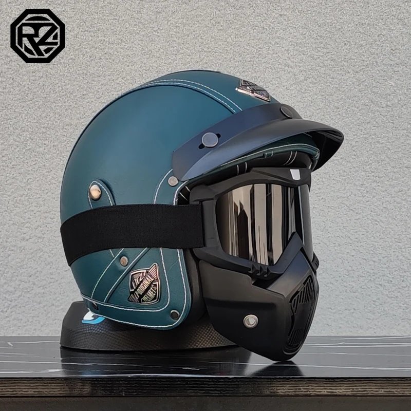 ORZ New PU Leather 3/4 Retro Cruising Motorcycle Helmet Summer Scooter Half Helmet with Mask Windshield DOT Approval