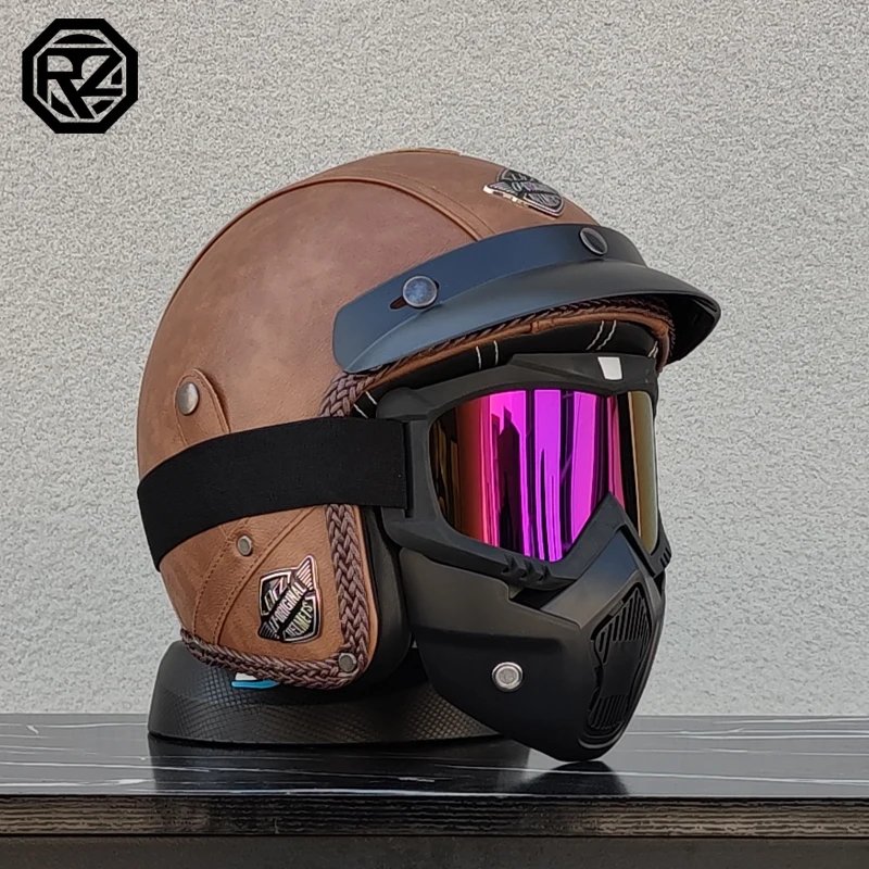 ORZ New PU Leather 3/4 Retro Cruising Motorcycle Helmet Summer Scooter Half Helmet with Mask Windshield DOT Approval