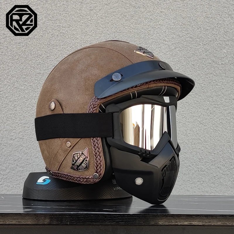 ORZ New PU Leather 3/4 Retro Cruising Motorcycle Helmet Summer Scooter Half Helmet with Mask Windshield DOT Approval