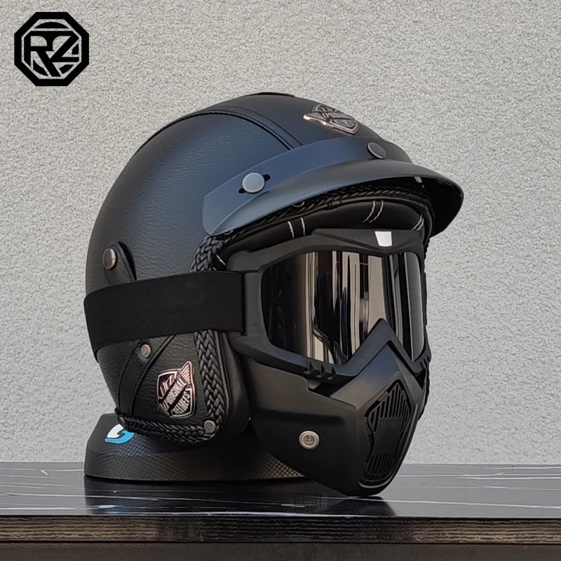 ORZ New PU Leather 3/4 Retro Cruising Motorcycle Helmet Summer Scooter Half Helmet with Mask Windshield DOT Approval