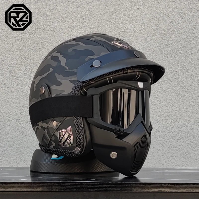 ORZ New PU Leather 3/4 Retro Cruising Motorcycle Helmet Summer Scooter Half Helmet with Mask Windshield DOT Approval