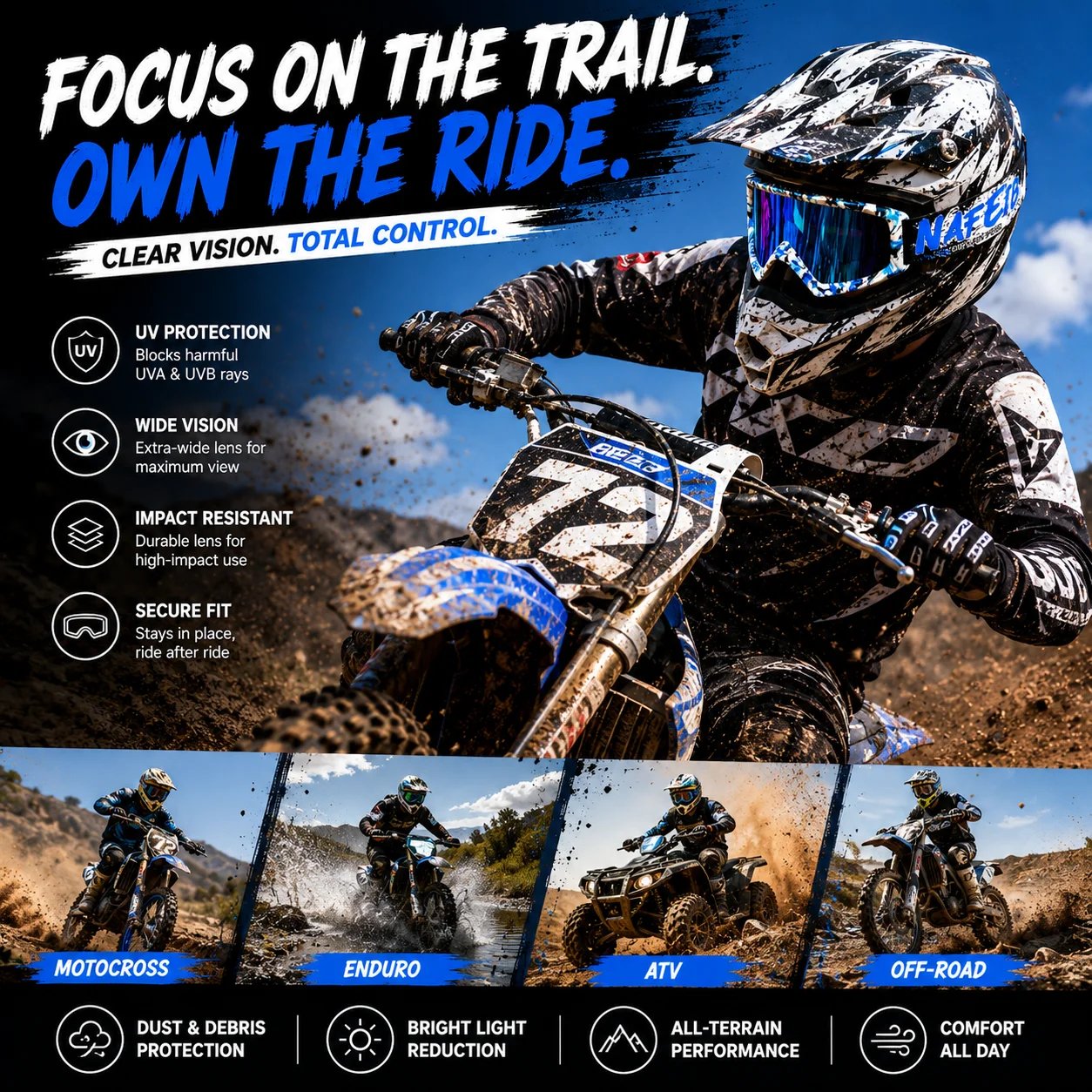 Blue White Graffiti Moto Goggles UV Protection Wind Dust Proof For MX Enduro Dirt Bike ATV MTB Ski Cycling Sports Eyewear