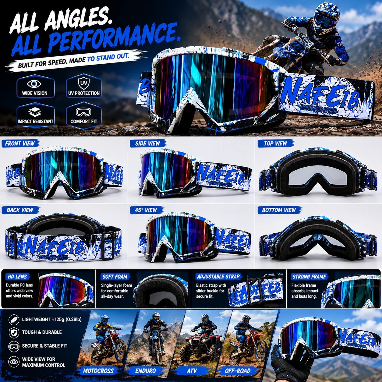 Blue White Graffiti Moto Goggles UV Protection Wind Dust Proof For MX Enduro Dirt Bike ATV MTB Ski Cycling Sports Eyewear