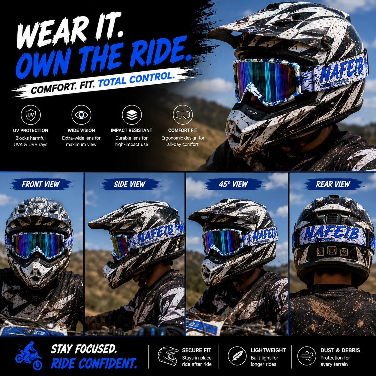 Blue White Graffiti Moto Goggles UV Protection Wind Dust Proof For MX Enduro Dirt Bike ATV MTB Ski Cycling Sports Eyewear