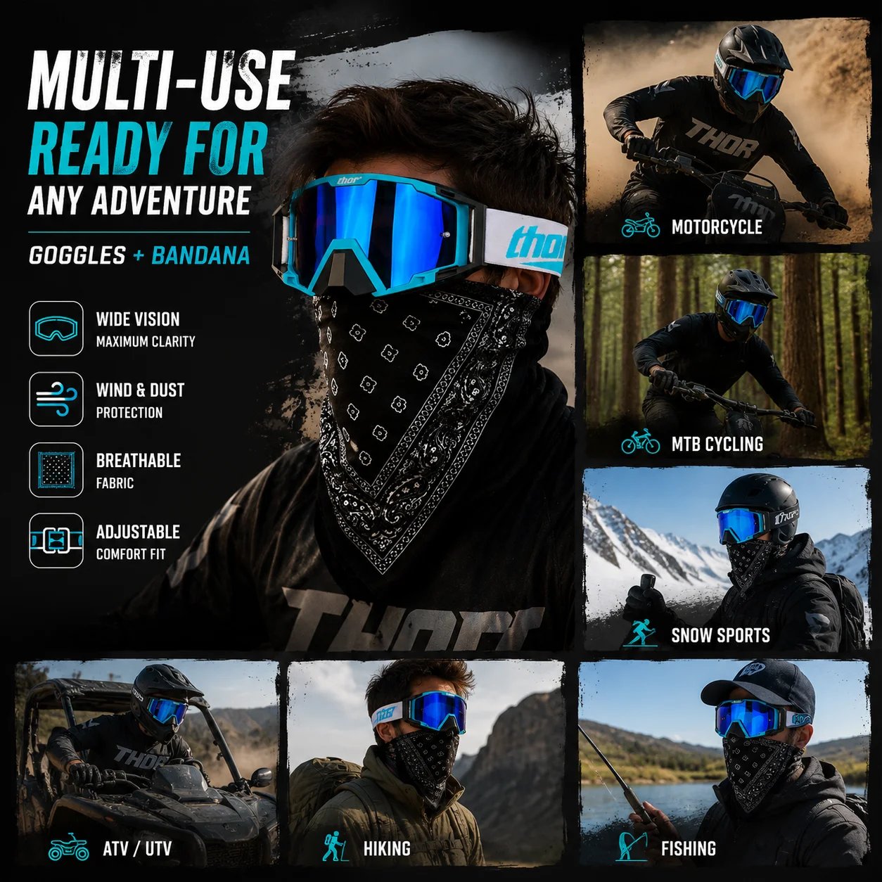Motorcycle Goggles with Bandana Set, MX Riding Eyewear Face Cover Combo, Adjustable Strap Off Road Glasses for ATV MTB Cycling Outdoor