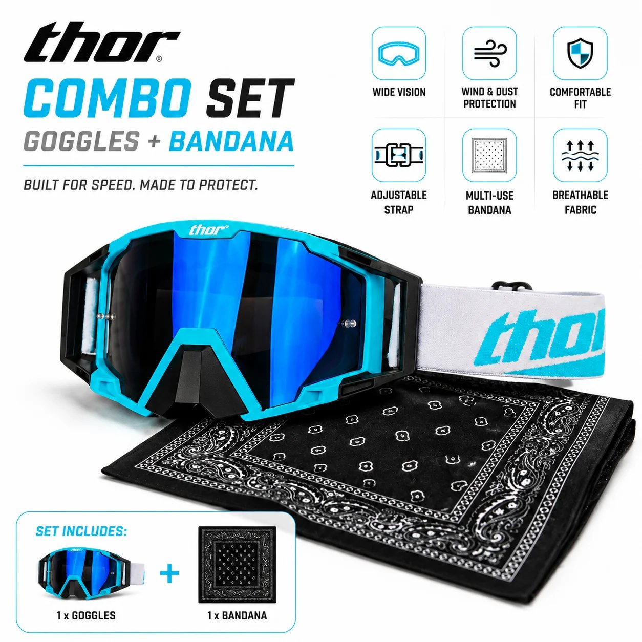 Motorcycle Goggles with Bandana Set, MX Riding Eyewear Face Cover Combo, Adjustable Strap Off Road Glasses for ATV MTB Cycling Outdoor