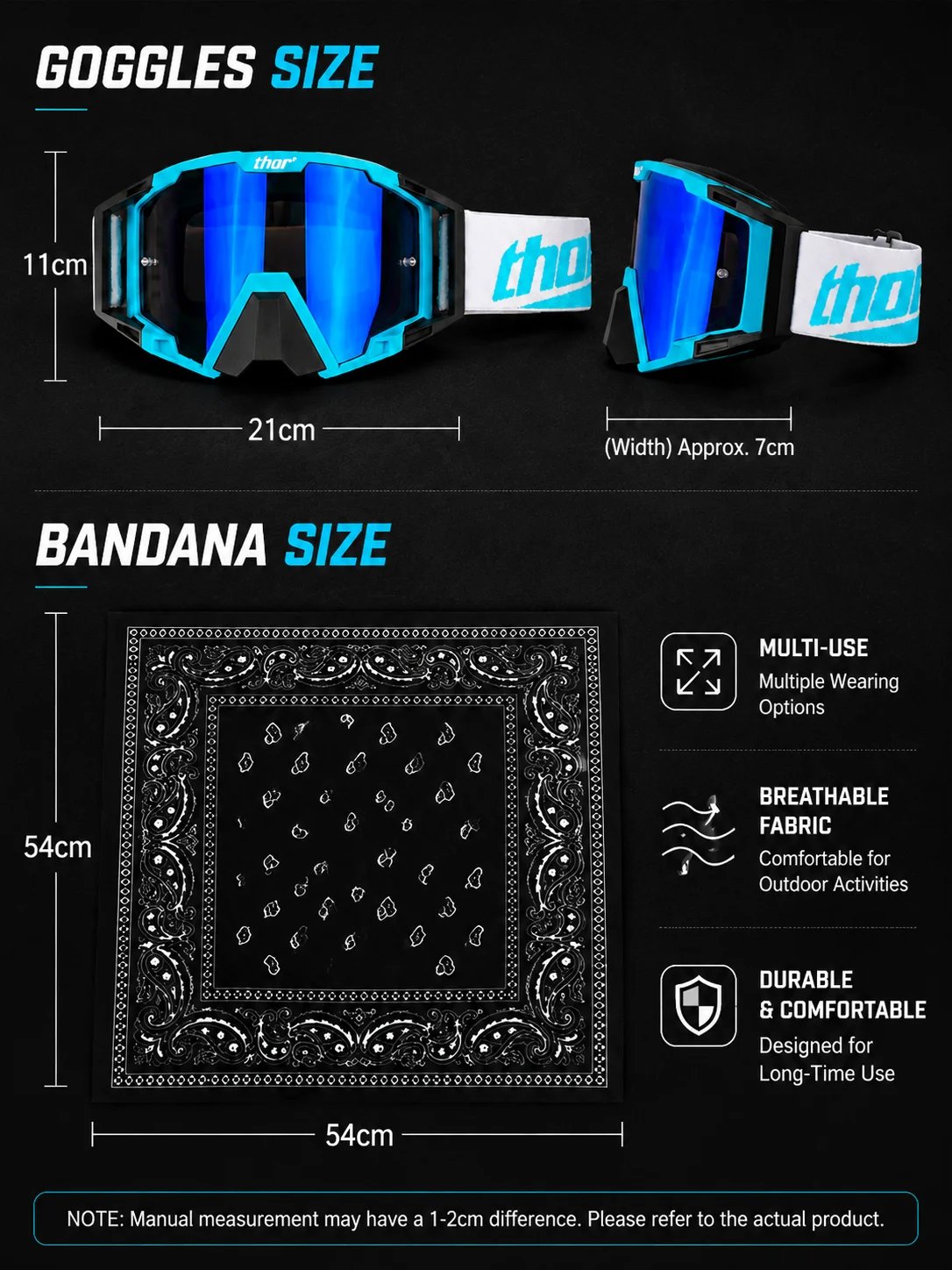 Motorcycle Goggles with Bandana Set, MX Riding Eyewear Face Cover Combo, Adjustable Strap Off Road Glasses for ATV MTB Cycling Outdoor