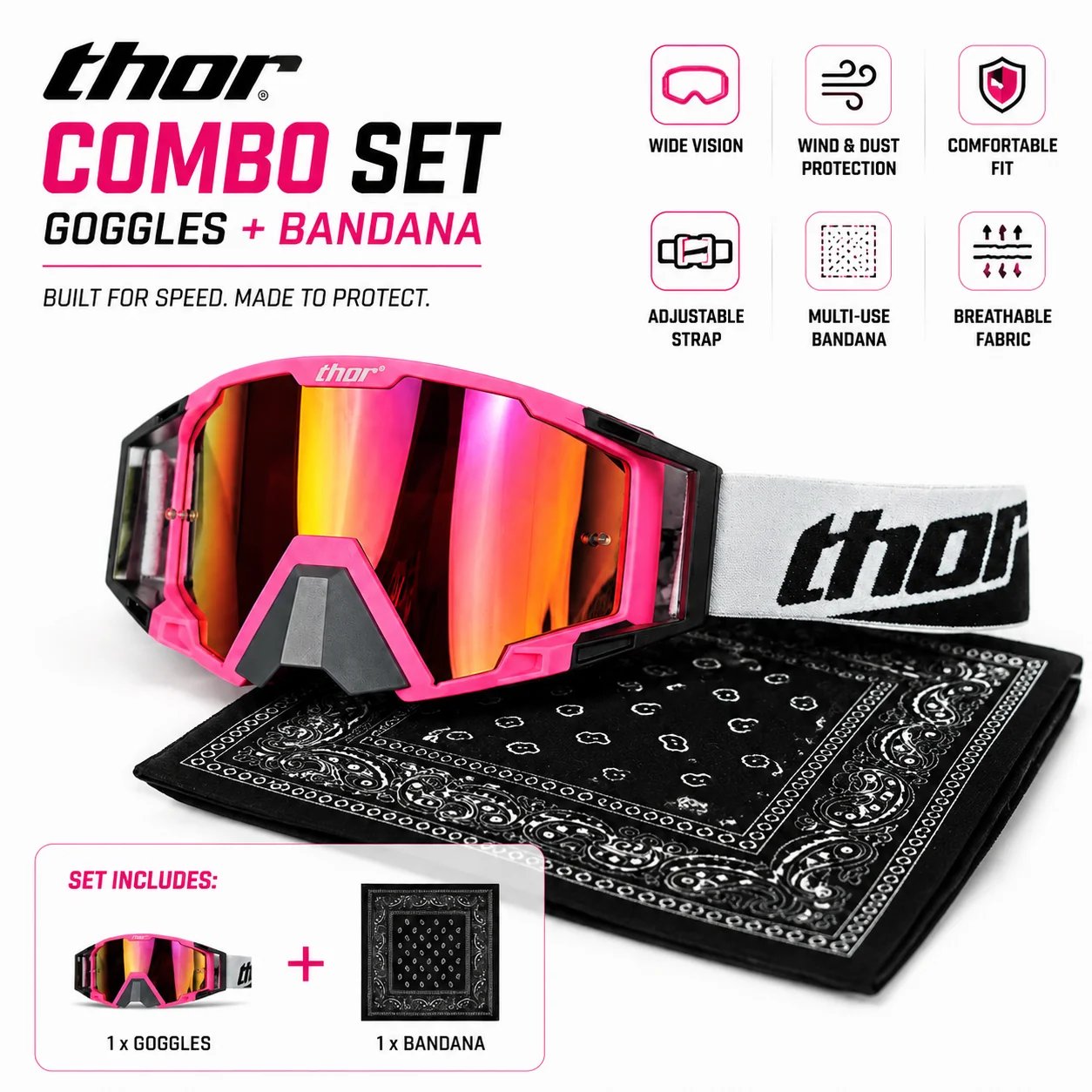 Motorcycle Goggles with Bandana Set, MX Riding Eyewear Face Cover Combo, Adjustable Strap Off Road Glasses for ATV MTB Cycling Outdoor