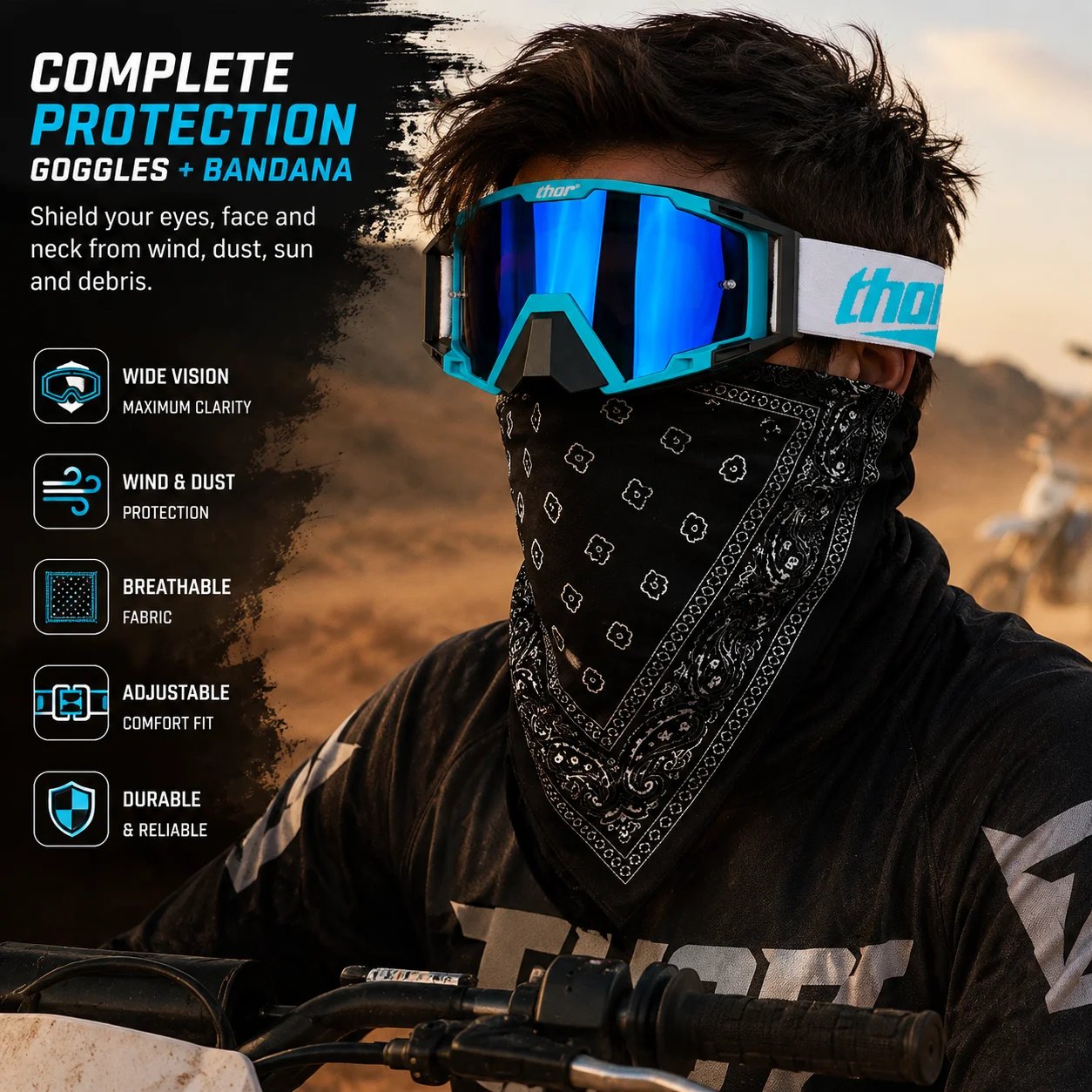Motorcycle Goggles with Bandana Set, MX Riding Eyewear Face Cover Combo, Adjustable Strap Off Road Glasses for ATV MTB Cycling Outdoor