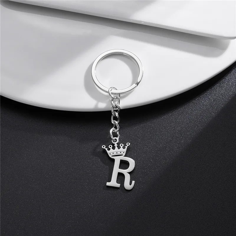 NEW Crown 26 Initials Letter Keychain for Women Stainless Steel Alphabet Pendant Keyrings Girls Handbag Wallet Key Chain Jewelry
