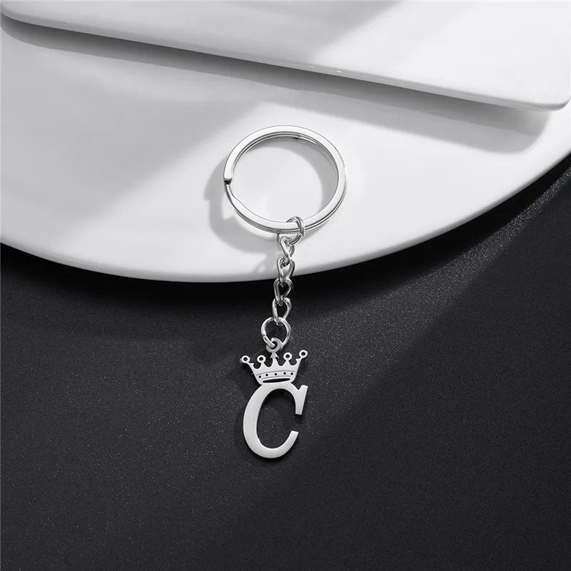 NEW Crown 26 Initials Letter Keychain for Women Stainless Steel Alphabet Pendant Keyrings Girls Handbag Wallet Key Chain Jewelry