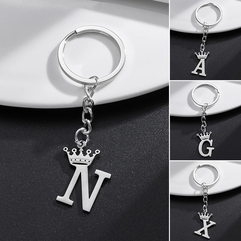 NEW Crown 26 Initials Letter Keychain for Women Stainless Steel Alphabet Pendant Keyrings Girls Handbag Wallet Key Chain Jewelry