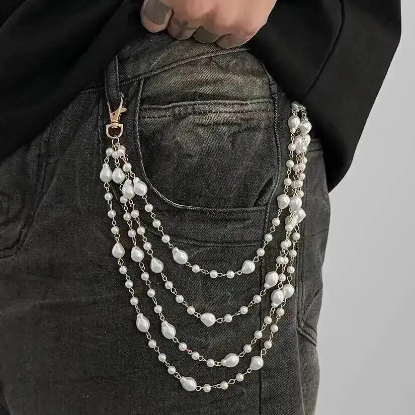 Salircon Stylish Multi layer Pearl Imitation Jeans Pants Chain Men Punk Trouser Keychain Wallet Chain Male Jewelry Accessory