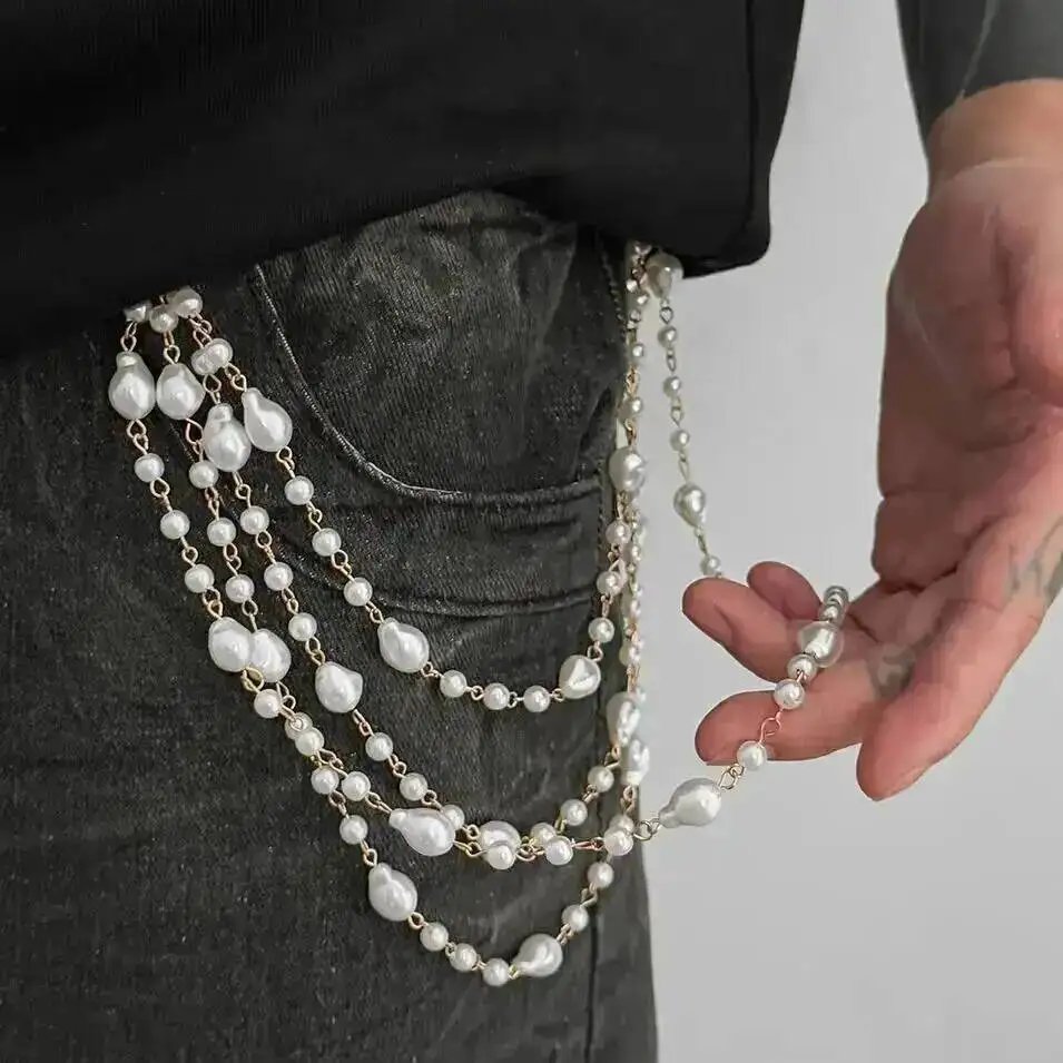 Salircon Stylish Multi layer Pearl Imitation Jeans Pants Chain Men Punk Trouser Keychain Wallet Chain Male Jewelry Accessory Salircon Stylish Multi layer Pearl Imitation Jeans Pants Chain Men Punk Trouser Keychain Wallet Chain Male Jewelry Accessory