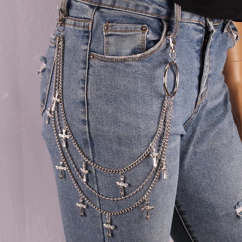 Punk Rock Metal Cross Pants Waist Chain Men Women Key Chain Big Ring Wallet Keychain Jeans Unisex Hip-hop Jewelry Gift