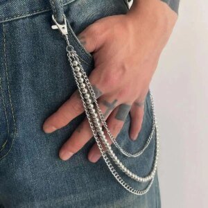 KunJoe Punk Rock Multilayer Metal Pants Chain Wallet Belt Chain Men Women Versatile Beaded Keychain Trousers Jeans Accessories