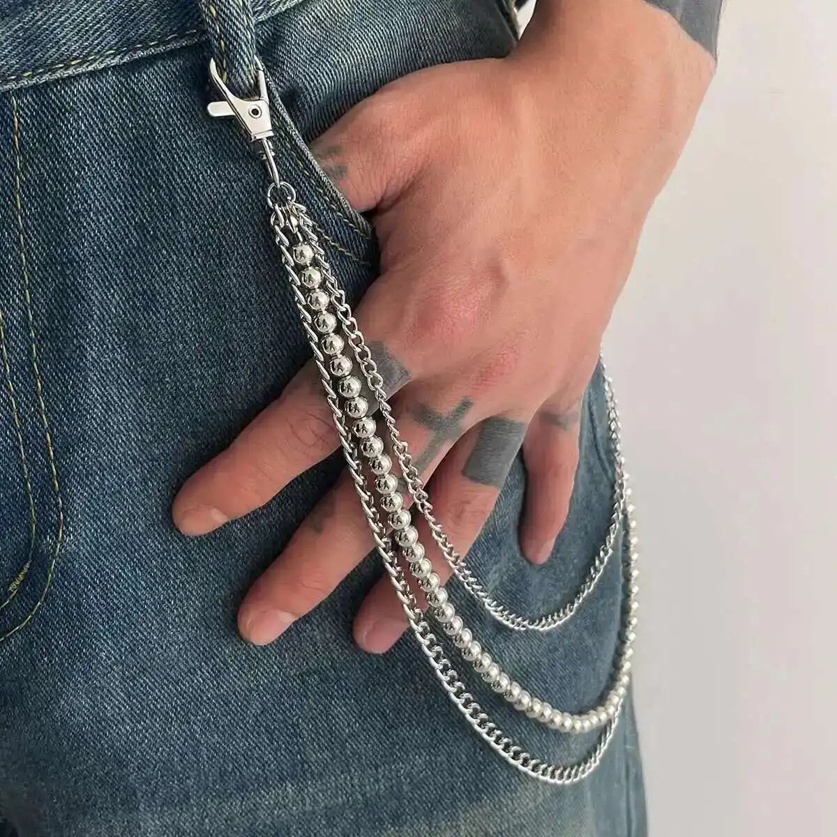 KunJoe Punk Rock Multilayer Metal Pants Chain Wallet Belt Chain Men Women Versatile Beaded Keychain Trousers Jeans Accessories KunJoe Punk Rock Multilayer Metal Pants Chain Wallet Belt Chain Men Women Versatile Beaded Keychain Trousers Jeans Accessories