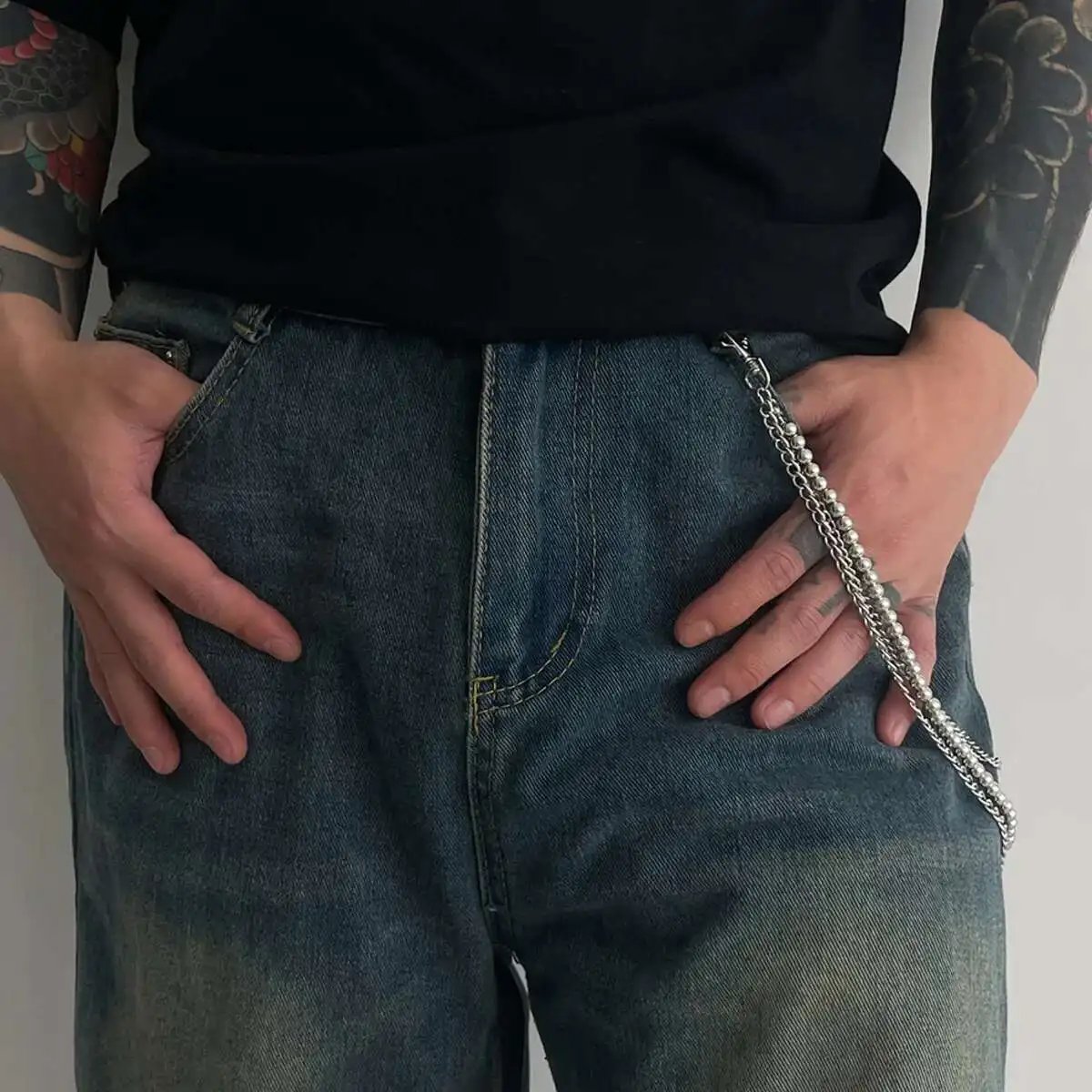 KunJoe Punk Rock Multilayer Metal Pants Chain Wallet Belt Chain Men Women Versatile Beaded Keychain Trousers Jeans Accessories