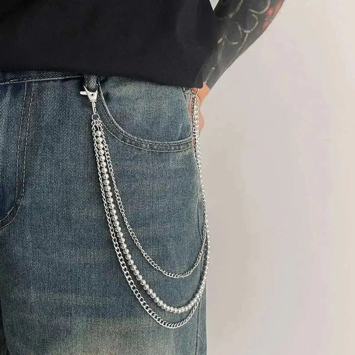 KunJoe Punk Rock Multilayer Metal Pants Chain Wallet Belt Chain Men Women Versatile Beaded Keychain Trousers Jeans Accessories KunJoe Punk Rock Multilayer Metal Pants Chain Wallet Belt Chain Men Women Versatile Beaded Keychain Trousers Jeans Accessories