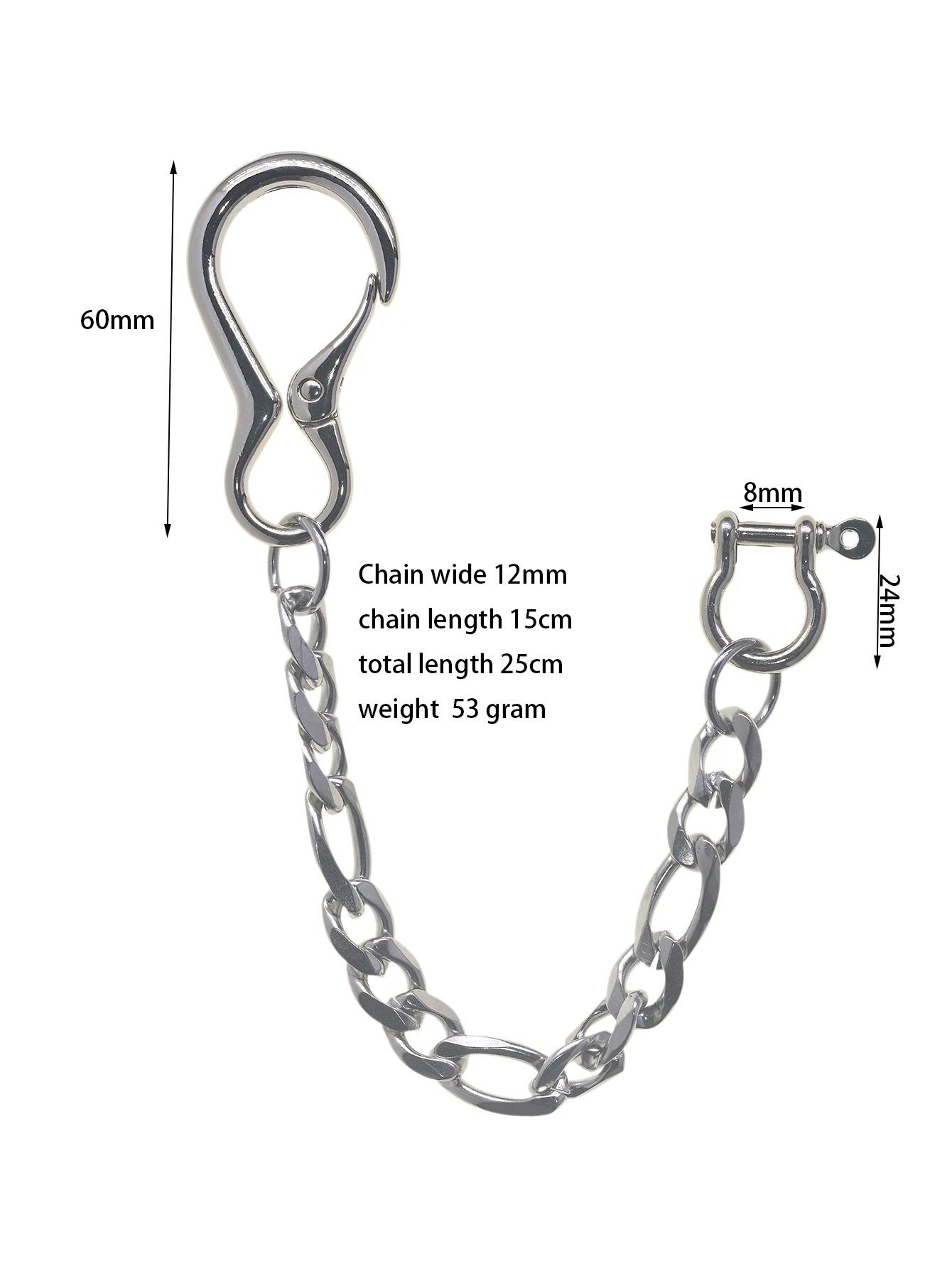 10 inch silver plated short trouses biker jean waist keychain 12mm stainless steel NK and shackle chain EDC gift 10 inch silver plated short trouses biker jean waist keychain 12mm stainless steel NK and shackle chain EDC gift