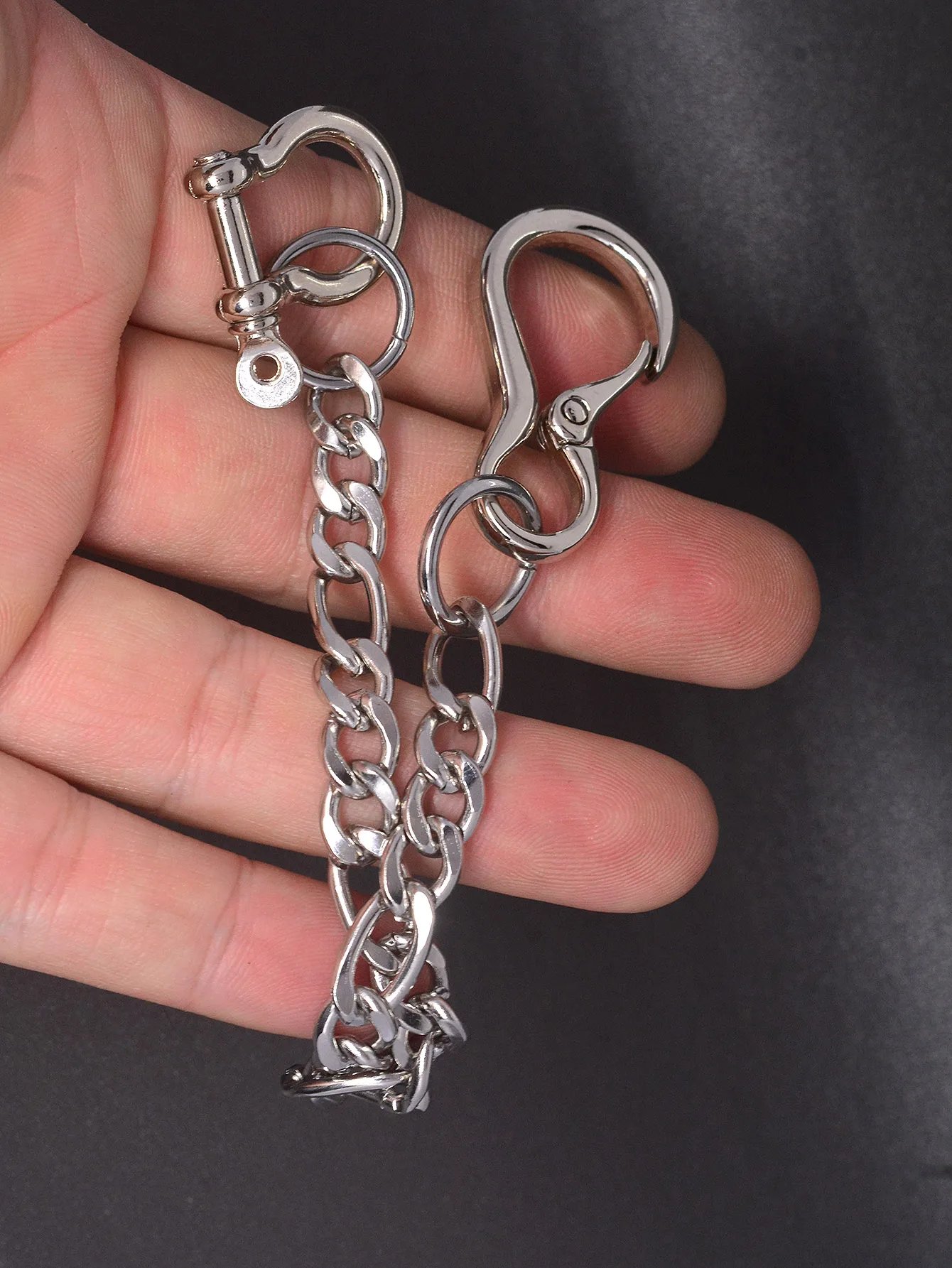 10 inch silver plated short  trouses  biker jean waist keychain 12mm stainless steel NK and shackle chain EDC gift