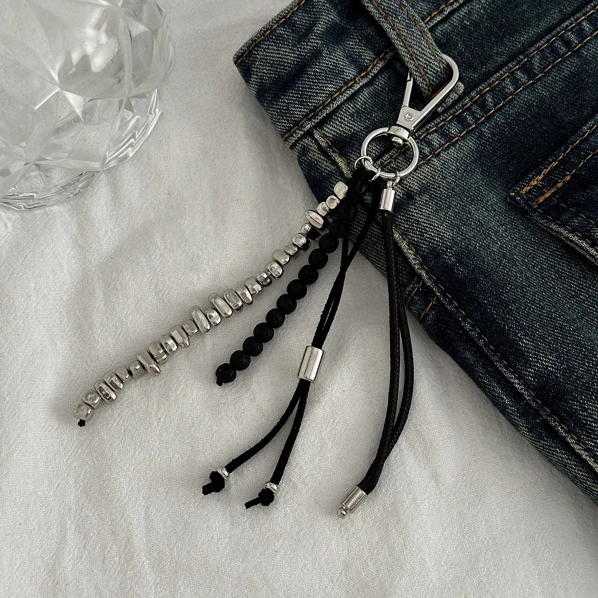 Fashion Imitation Pearl Chain Keychain Punk Silver Color Star Rivet Bag Chain Pendant Jewelry Accessories Daily Wear Keychain