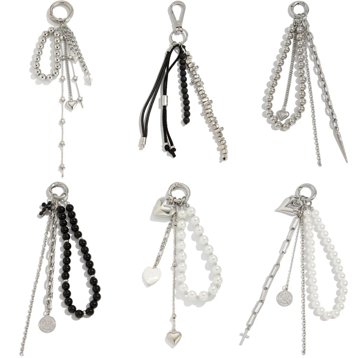 Fashion Imitation Pearl Chain Keychain Punk Silver Color Star Rivet Bag Chain Pendant Jewelry Accessories Daily Wear Keychain