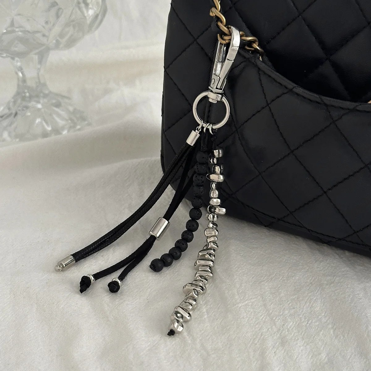 Fashion Imitation Pearl Chain Keychain Punk Silver Color Star Rivet Bag Chain Pendant Jewelry Accessories Daily Wear Keychain