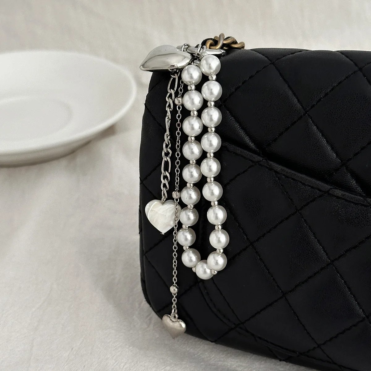 Fashion Imitation Pearl Chain Keychain Punk Silver Color Star Rivet Bag Chain Pendant Jewelry Accessories Daily Wear Keychain