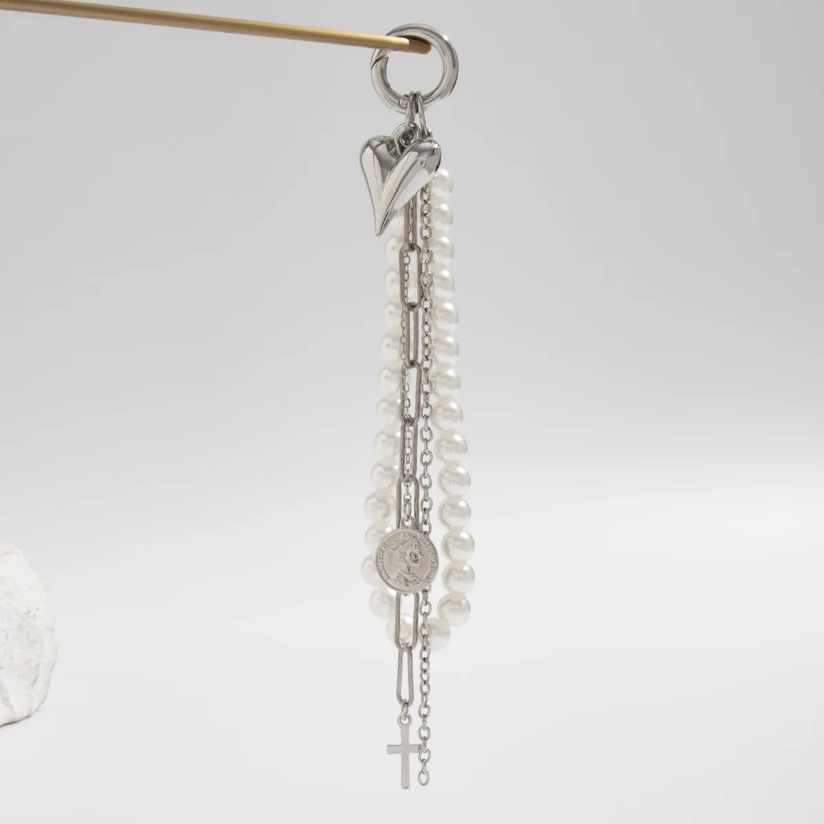 Fashion Imitation Pearl Chain Keychain Punk Silver Color Star Rivet Bag Chain Pendant Jewelry Accessories Daily Wear Keychain