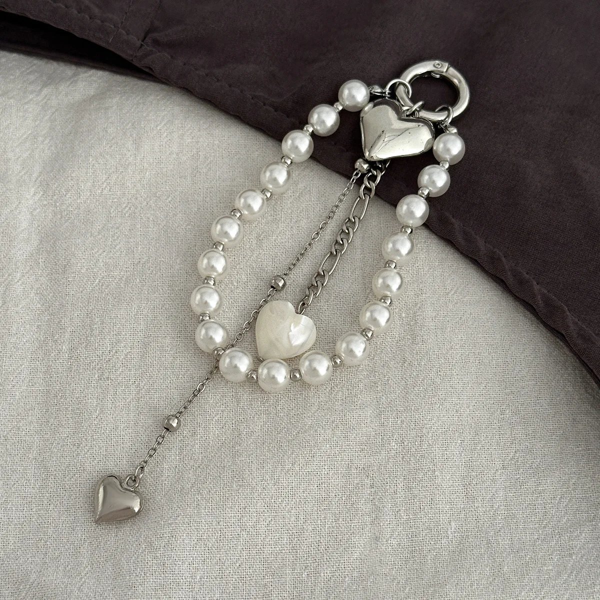 Fashion Imitation Pearl Chain Keychain Punk Silver Color Star Rivet Bag Chain Pendant Jewelry Accessories Daily Wear Keychain