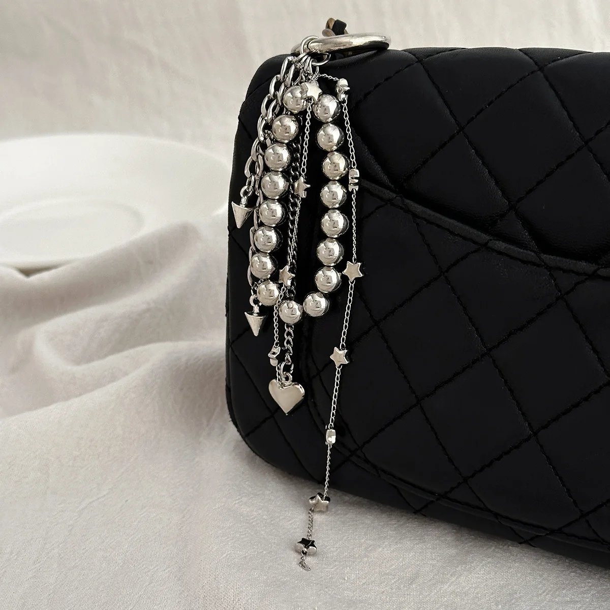 Fashion Imitation Pearl Chain Keychain Punk Silver Color Star Rivet Bag Chain Pendant Jewelry Accessories Daily Wear Keychain