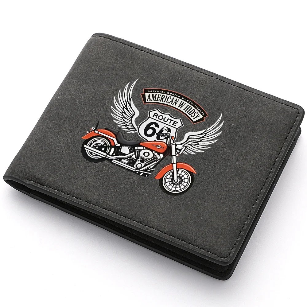 Men's Vintage PU Leather Double-Fold Wallet with Motorcycle Wing-Shaped Print Casual Short-Style Men's Wallet