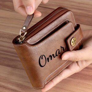 Custom Name Menās Wallet Gift Stylish Brown Faux Leather Engraved Purse Personalized Decorative Durable Card Holder Coin Pocket