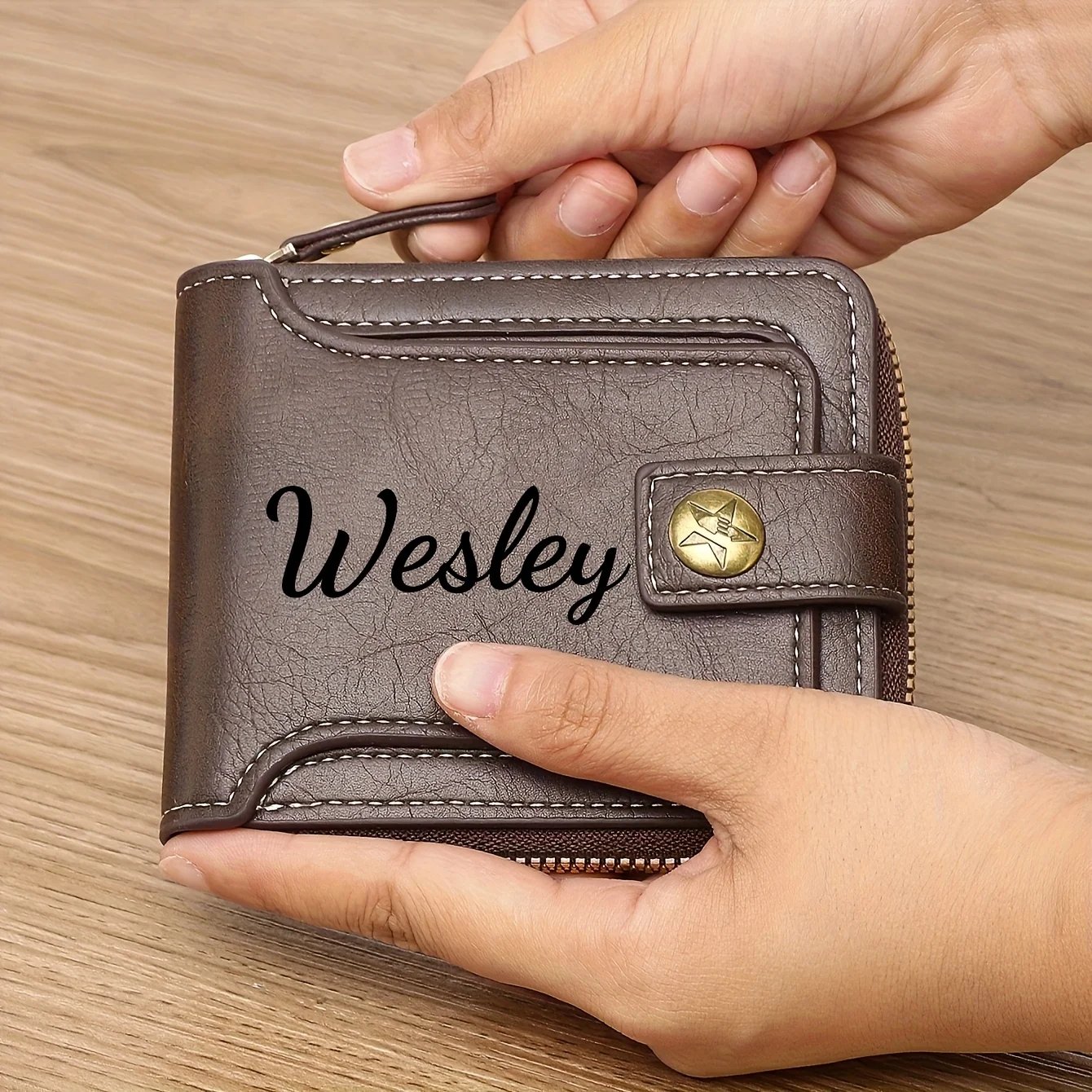 Custom Name Men's Wallet Gift Stylish Brown Faux Leather Engraved Purse Personalized Decorative Durable Card Holder Coin Pocket