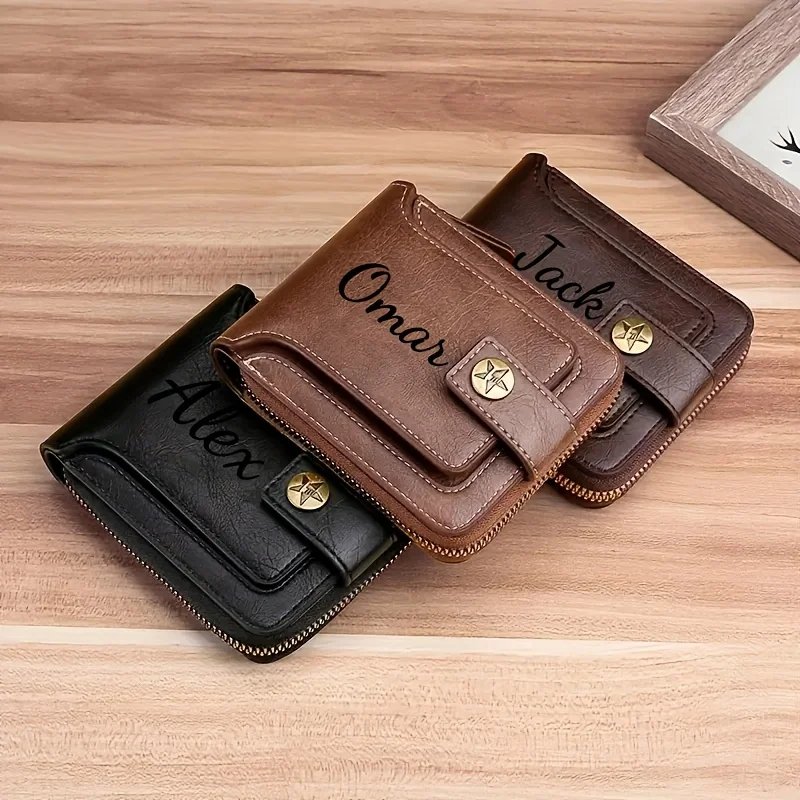 Custom Name Men's Wallet Gift Stylish Brown Faux Leather Engraved Purse Personalized Decorative Durable Card Holder Coin Pocket Custom Name Men's Wallet Gift Stylish Brown Faux Leather Engraved Purse Personalized Decorative Durable Card Holder Coin Pocket