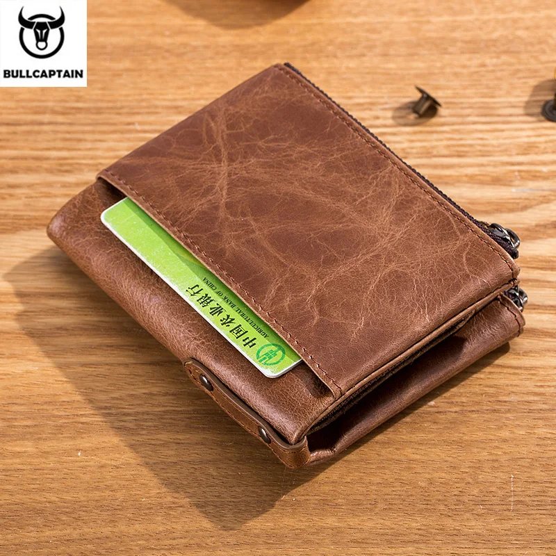 BULLCAPTAIN Retro Leather Men's Wallet Leather Zipper Buckle Short Money Wallet Card Holder Coin Purse RFID Wallet QB06
