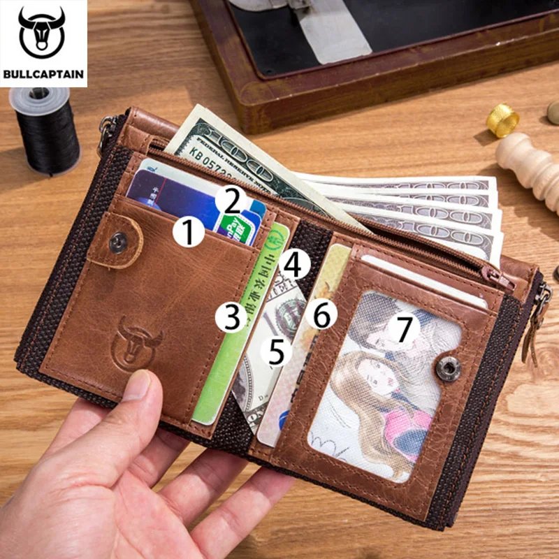 BULLCAPTAIN Retro Leather Men's Wallet Leather Zipper Buckle Short Money Wallet Card Holder Coin Purse RFID Wallet QB06