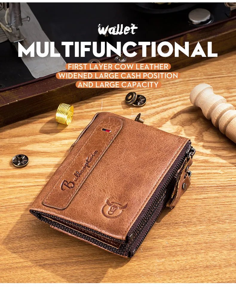 BULLCAPTAIN Retro Leather Men's Wallet Leather Zipper Buckle Short Money Wallet Card Holder Coin Purse RFID Wallet QB06 BULLCAPTAIN Retro Leather Men's Wallet Leather Zipper Buckle Short Money Wallet Card Holder Coin Purse RFID Wallet QB06