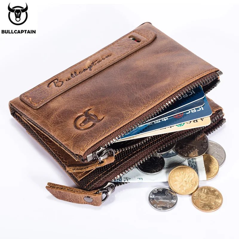 BULLCAPTAIN Retro Leather Men's Wallet Leather Zipper Buckle Short Money Wallet Card Holder Coin Purse RFID Wallet QB06