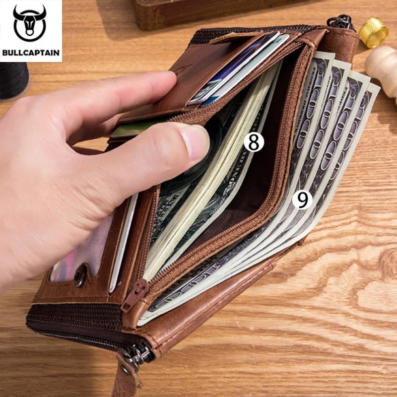 BULLCAPTAIN Retro Leather Men's Wallet Leather Zipper Buckle Short Money Wallet Card Holder Coin Purse RFID Wallet QB06