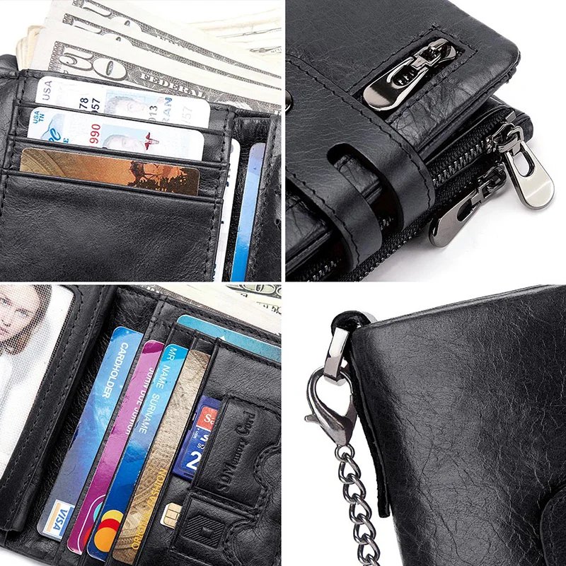 HUMERPAUL100% Genuine Cowhide Leather Wallet For Men Short RFID Money Purse Card Holder Double Zipper Bifold Coin Pocket