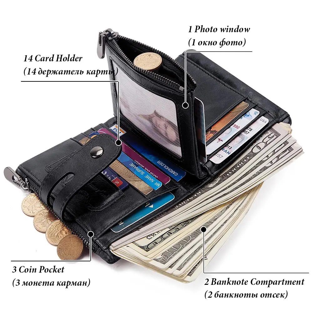 HUMERPAUL100% Genuine Cowhide Leather Wallet For Men Short RFID Money Purse Card Holder Double Zipper Bifold Coin Pocket