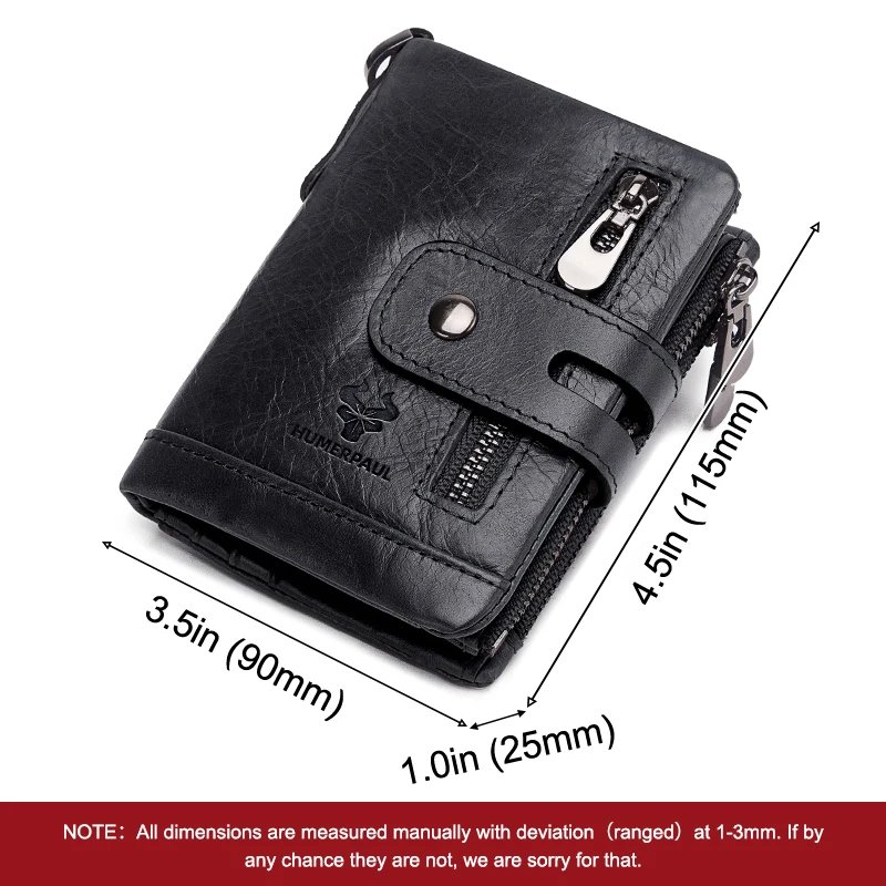 HUMERPAUL100% Genuine Cowhide Leather Wallet For Men Short RFID Money Purse Card Holder Double Zipper Bifold Coin Pocket