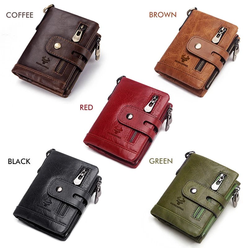 HUMERPAUL100% Genuine Cowhide Leather Wallet For Men Short RFID Money Purse Card Holder Double Zipper Bifold Coin Pocket