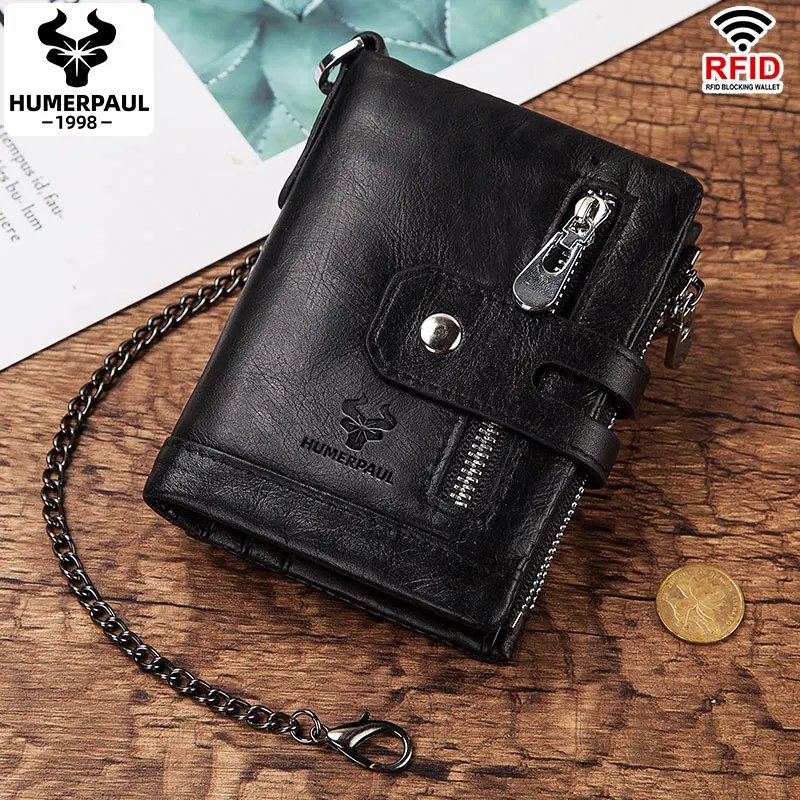 HUMERPAUL100% Genuine Cowhide Leather Wallet For Men Short RFID Money Purse Card Holder Double Zipper Bifold Coin Pocket