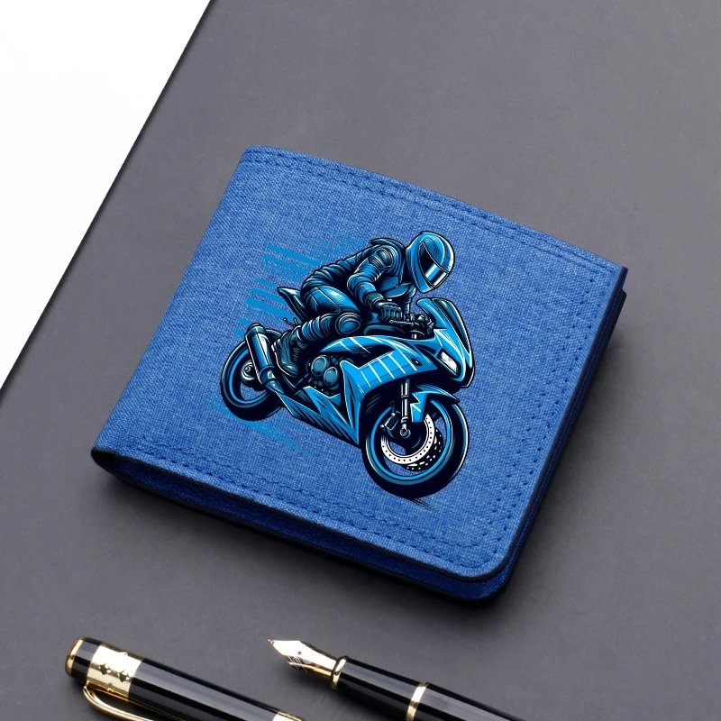 Motorcycle Motif Mini Thin Men Wallet Card Holder Men's Purse Coin Pouch Id Card Holder Short Canvas Card Holder Wallet