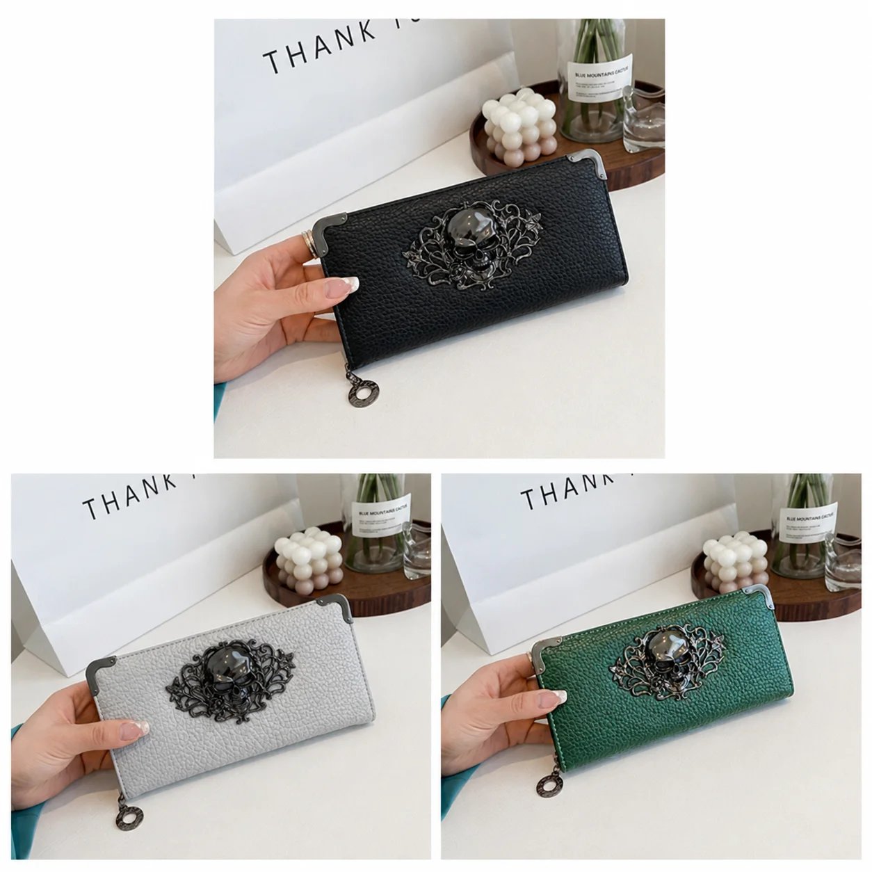 Unisex Long Men Women's Purse Punk Skull PU Leather Wallet Zipper Clutch Portable Casual Lady Cash Purse Wallet